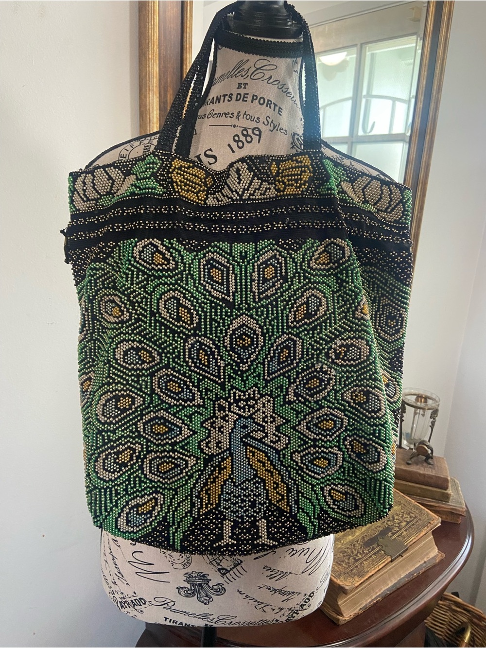 Beaded Peacock Pattern Tote Bag - Green